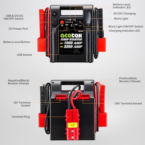 24V / 12V Jump Starter, acetek 1600/3200 Peak Amp Battery Jump Starter for Truck Car Tractor Excavator
