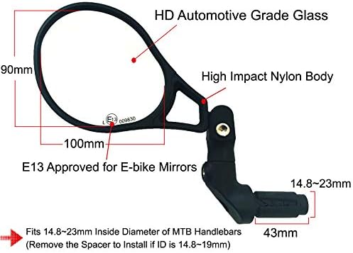 Hafny E13 Approved E-Bike Mirror, Large Surface Bar End Bike Mirror, HD Automotive Glass Bicycle Mirror, Safe Blast-Resistance Cycling Mirror