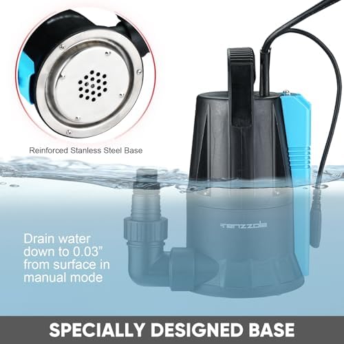 Sump Pump, 1/3 HP 1850GPH Automatic Submersible Utility Water Pump, Portable Electric Low Level Drain Water Removal Pump with Sensor Switch for Swimming Pool Basement Garden Pond Draining