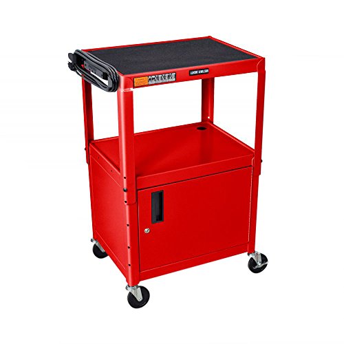 LUXOR AVJ42C-RD Steel AV Cart with Adjustable Height and Storage Cabinet, Multipurpose Utility Cart, 24" to 42" Height, 3 Outlet Electrical Assembly