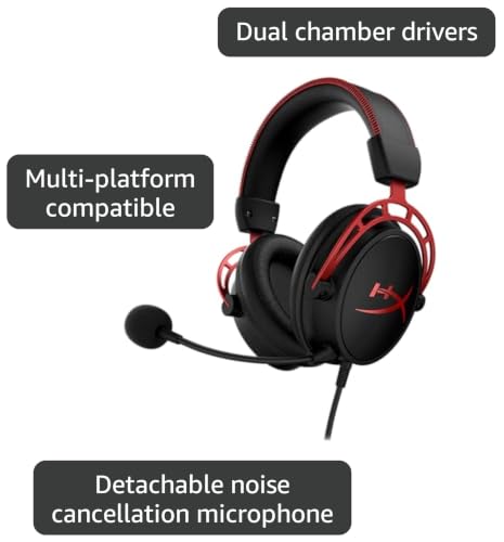 HyperX Cloud Alpha - Gaming Headset, Dual Chamber Drivers, Legendary Comfort, Aluminum Frame, Detachable Microphone, Works on PC, PS4, PS5, Xbox One, Xbox Series X|S, Nintendo Switch and Mobile – Red | Dual Chamber Drivers, Legendary Comfort, Aluminum Fr…