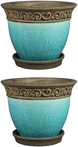 Southern Patio Cadiz 8 Inch Diameter Crackled Glazed Ceramic Indoor Outdoor Garden Planter Pot Urn with Saucer for Flowers, Herbs, and Plants, Teal