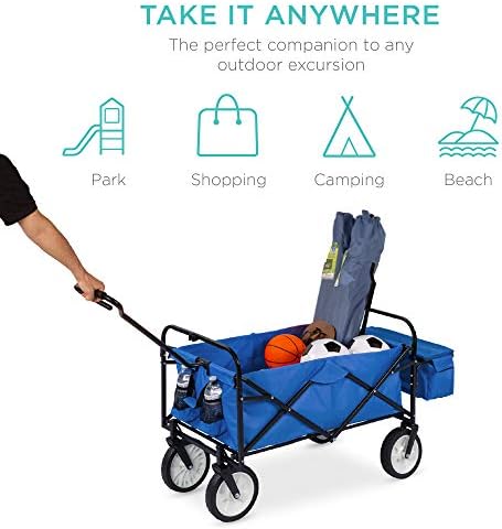 Best Choice Products Collapsible Folding Outdoor Utility Wagon with Canopy Garden Cart for Beach, Picnic, Camping, Tailgates w/Removable Canopy, Detachable Pockets, 150lb Weight Capacity - Red