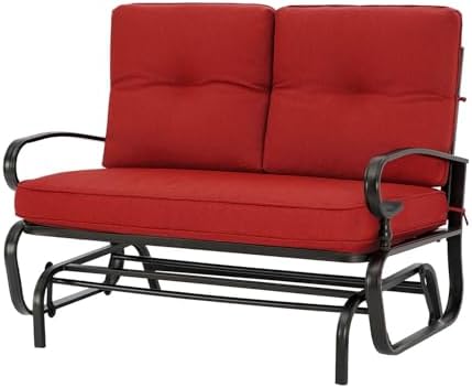 Outdoor Glider Rocking Bench 2 Person Patio Loveseat Steel Frame Furniture Set with Removable Cushion for Patio, Garden, Yard, Porch (Red)