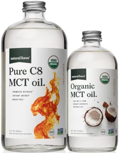 Natural Force Organic Pure C8 + Organic Full Spectrum MCT Oil – USDA Organic, Non GMO, 100% Pure Coconut MCTs – Keto, Paleo, Vegan