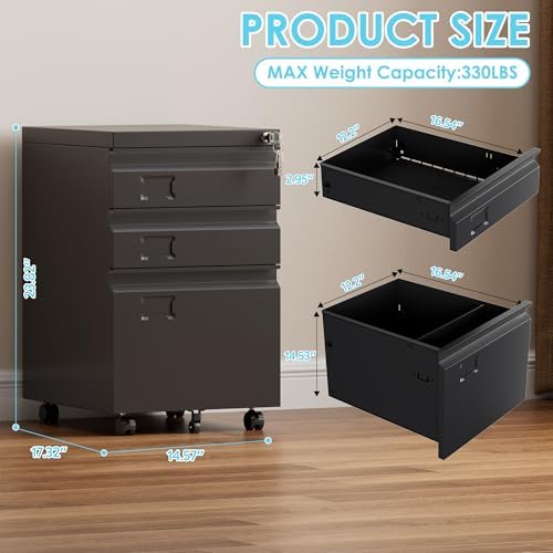 3 Drawer Metal File Cabinet with Lock and Wheels, Black | 17.32"D x 14.57"W x 23.82"H under-desk cabinet, fits Letter, Legal and A4 files, 5 casters