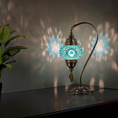 DEMMEX Turkish Table Lamp Moroccan Bedside Light Handmade Tiffany Mosaic Glass Boho Artisan Accent Lighting for Bedroom Living Room, Antique Brass Finish – 15" H, Multicolor