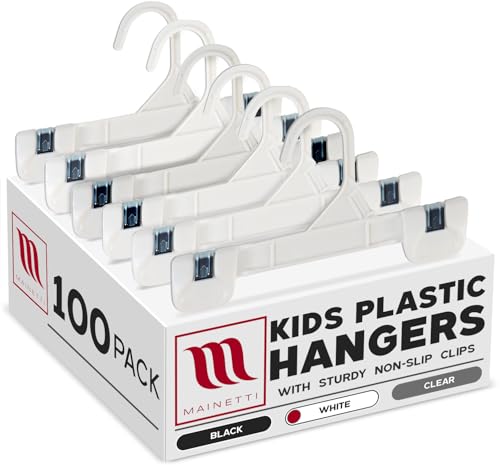 Mainetti 8in White Kids Pants Hangers with Non-Slip Clips (100 Pack)