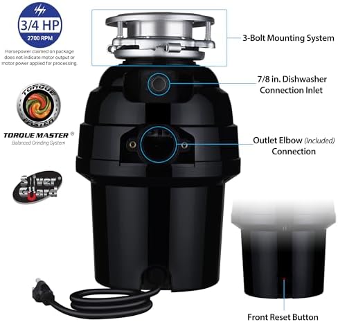 Eco Logic 1/3 HP Garbage Disposal, Universal 3-Bolt Mount, Power Cord