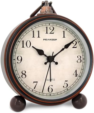 Peakeep 4" Small Battery Operated Analog Alarm Clock, Antique Retro Style