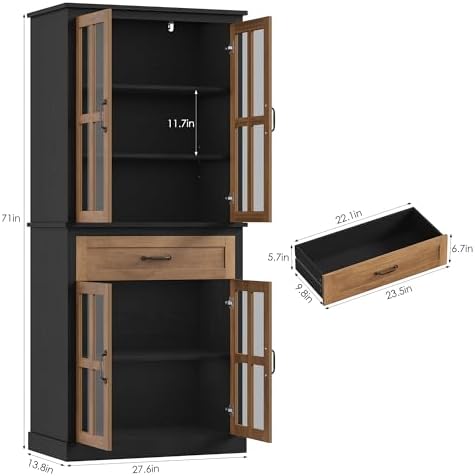 FOTOSOK 71'' Tall Kitchen Cabinet with Glass Doors and Drawer | Freestanding Food Pantry with Adjustable Shelves for Dining, Living Room, Natural