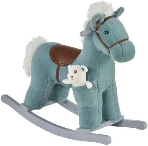 Qaba Kids Rocking Horse with Bear Toy Fun Realistic Sounds Toddler Blue