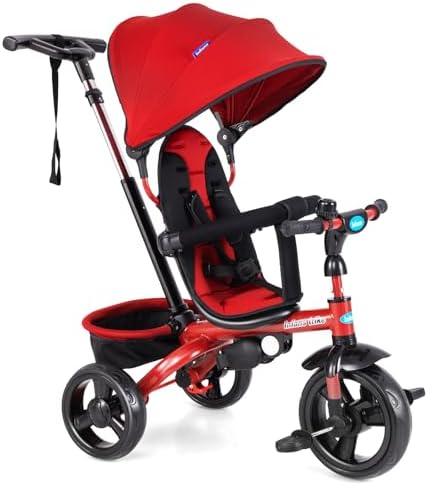 INFANS Kids Tricycle, 6 in 1 Stroll Trike with Adjustable Push Handle, Removable Canopy, Retractable Foot Plate, Lockable Pedal, Detachable Guardrail, Suitable for 10 Months to 5 Years (Blue)