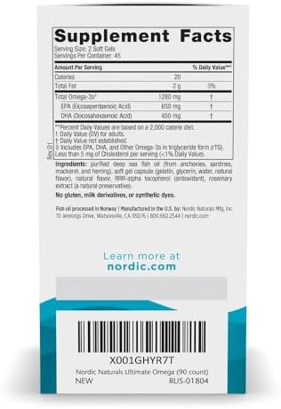 Nordic Naturals Ultimate Omega, 1280mg Omega-3 Fish Oil, Lemon - 60 Count | High-potency Omega-3 Fish Oil with EPA & DHA supports brain & heart health. Non-GMO, burpless formula. 30 servings.