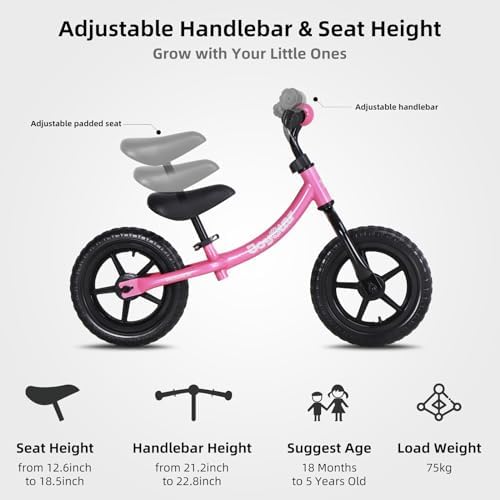 JOYSTAR Toddler Balance Bike 2-5 Year Old, No Pedal, Adjustable Seat | 12" Balance Bike Push Bike Adjustable Handlebar Lightweight Steel Frame, Ideal Gift for Boys and Girls