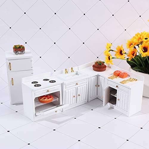 1:12 Scale Dollhouse Kitchen Furniture Set, 5 Piece Wooden Miniature Kitchen Accessories with Cabinet, Fridge, Sink, Corner Cabinet