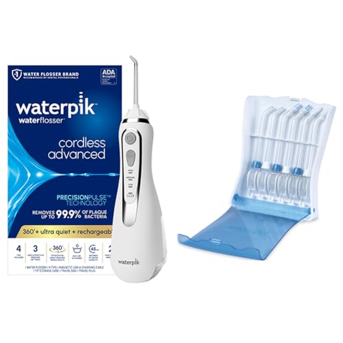 Bundle with Waterpik White Cordless Advanced 2.0 Water Flosser WP-580 and Tips Storage Case with 6 Count Genuine Waterpik Water Flosser Tips