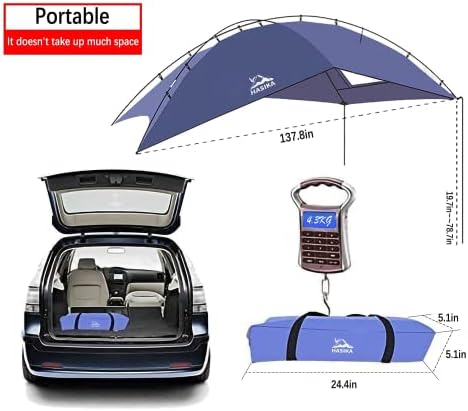 Hasika Waterproof SUV Tailgate Tent and Car Awning | Universal fit for SUVs Vans RV Trailer. Features heavy-duty suction cups, adjustable poles
