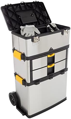 3-Part Portable Tool Box - Stainless-Steel Drawer Organizer with Wheels, Extendable Handle and Tough Latches - Rolling Tool Chest by Stalwart (Silver)