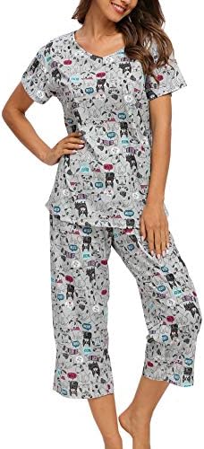 ENJOYNIGHT Womens Pajama Set Cotton Summer Pj Top with Capri Pant Sleepwear