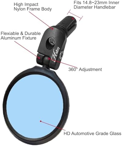 Hafny Bike End Bike Mirror, Adjustable Convex Rear View Mirror for Bicycle, Clear HD Glass Lens, 360° Rotatable, Fits MTB Road E-Bike Scooter, HF-M951-FR03 (1pc Silver Glass, 62mm Dia)