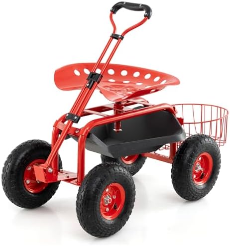 Giantex Rolling Garden Cart with Seat, 4-Wheel Gardening Workseat with Storage Basket, Swivel Stool Adjustable Seat, Steering Handle