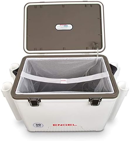Engel 30qt Live Bait Cooler Box with 2nd Gen 2-Speed Portable Aerator Pump and 4 x Fishing Rod Holder Attachments. Fishing Bait Station and Minnow
