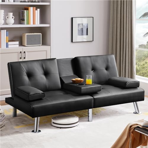 Yaheetech Convertible Futon Sofa Bed Loveseat with Cup Holder, Black