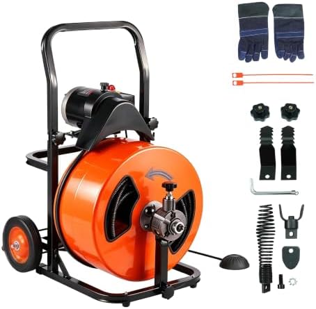 HoldwellS 50FT x 5/16 Inch Drain Cleaner Machine, Electric Drain Auger for 3/4"-3" Pipes, Sewer Snake Auger with 4 Cutters & Pneumatic Foot Switch