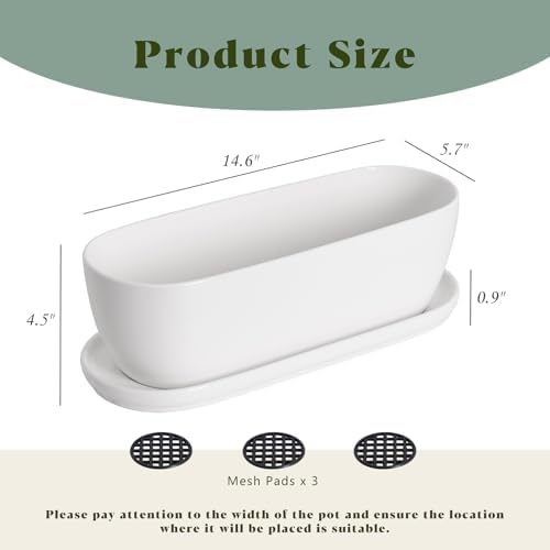 E-liu 11 Inch Oval Ceramic Planter Pot with Drainage Hole Saucers