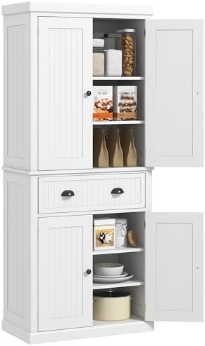 HOMCOM 72" Kitchen Pantry Cabinet Freestanding Tall Storage Cabinet White | Traditional Kitchen Pantry, 4 Doors, Drawer, 3 Adjustable Shelves, for Dining Room