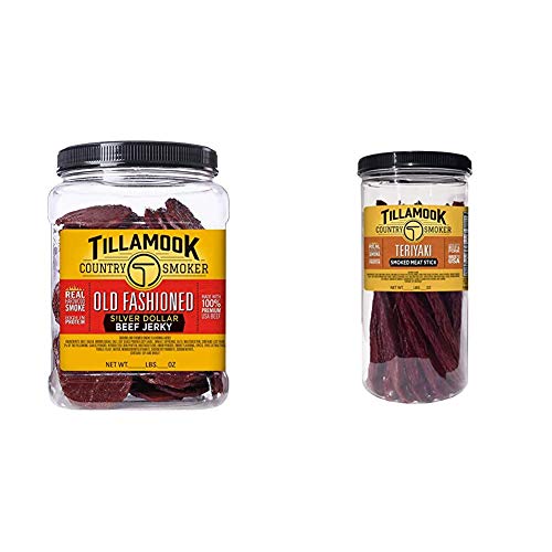 Tillamook Country Smoker Real Hardwood Smoked Silver Dollar Beef Jerky, Old Fashioned (13 Ounce) and Sausages, Teriyaki (15.2 Ounce Tall Jar