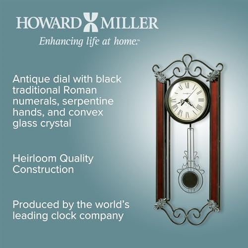 Howard Miller Carmen Pendulum Wall Clock – Wrought Iron Frame, Roman Numerals, Convex Glass Crystal, Quartz Movement