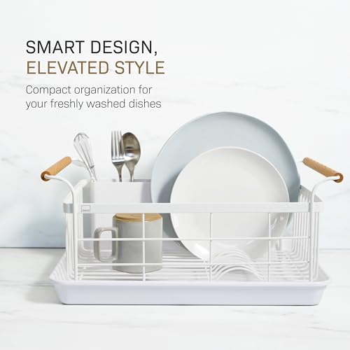 YAMAZAKI Home Dish Drying Rack – Modern White Dish Rack for Kitchen Counter with Removable Drying Tray and Cutlery Holder, Steel + Wood Dish Drying Organizer - Steel + Wood - | Modern dish drying rack organizer with steel and wood construction. Small spa…