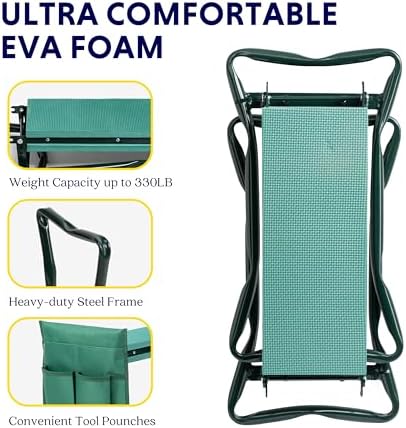 iPower Garden Kneeler and Seat Foldable Kneeling Bench with Sturdy Soft EVA Foam Pad for Outdoor, Fishing, Camping, 2 Tool Pouches Included, Green
