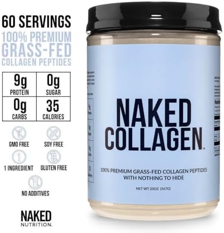 NAKED Collagen Peptides Protein Powder, 60 Servings, Pasture-Raised, Unflavored Grass-Fed Hydrolyzed Collagen Supplement, NSF Certified, Paleo Friendly, Non-GMO, Keto, Gluten Free, 20oz
