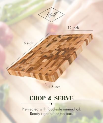 Labell Maple End-Grain Butcher Block, Juice Groove, 12 x 16 x 1.25 in | Checkered Cutting Board, Handcrafted in Canada, Thick, for Meat, Cheese