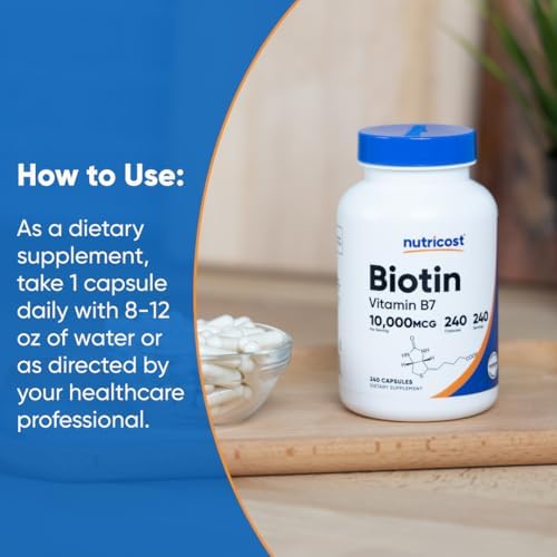 Nutricost Biotin (Vitamin B7) 10,000mcg (10mg), 240 Capsules, Quick Release | Vegetarian, Gluten Free, GMO-Free