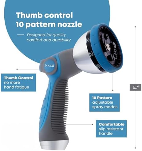 INNAV8 Garden Hose Nozzle Heavy Duty, Water Hose Sprayer Nozzle for Outdoor | THUMB CONTROL On Off Valve for Easy Water Control