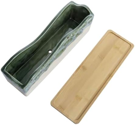 MyGift Beige Green Ceramic Glazed Rectangular Succulent Planter Pot