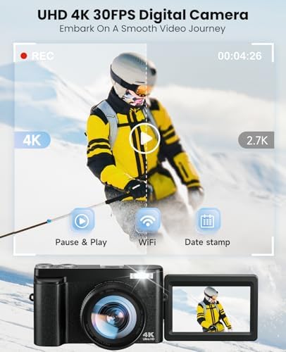 4K Digital Camera for Photography, with WiFi, 180° Flip Screen, 32GB Card | 64MP, Autofocus, 30FPS Video, Flash, Anti-Shake, 16X Zoom