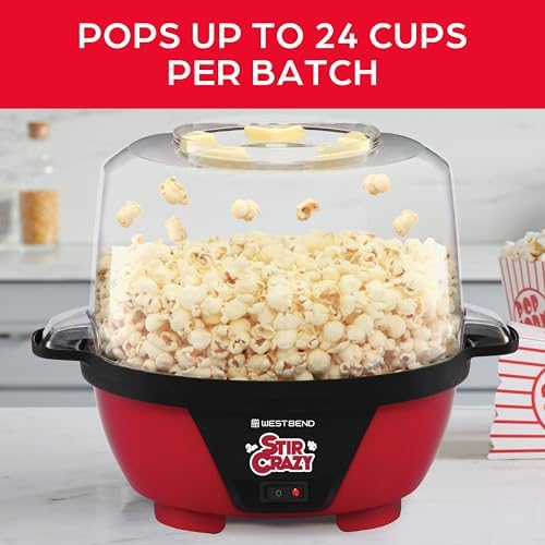 West Bend Stir Crazy Hot Oil Popcorn Popper, Popcorn Maker Machine with Large Serving Bowl Lid and Stirring Rod Perfect for Movie Night Snack Time or Parties, 6-Quart, Red
