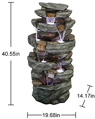 PeterIvan Outdoor Relaxing Waterfall - 6-Tier Fountain with 6 LED Lights, Stone-Liking Resin for Patio, Garden, House&Office (40.6in, Grey)
