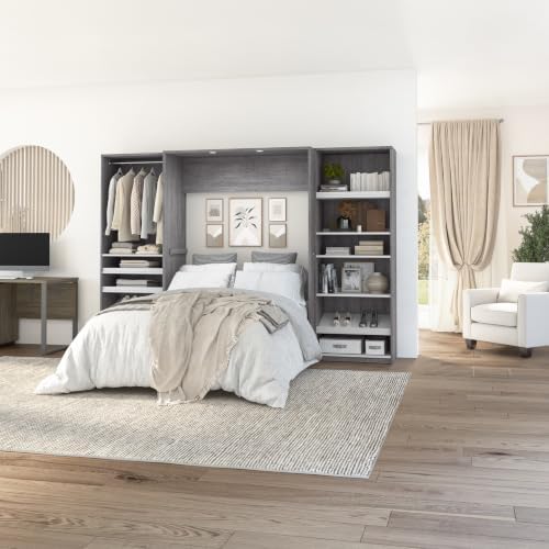 Bestar Cielo Full Murphy Bed with 2 Closet Organizers (119W) in Bark Gray and White, Sleeping Arrangement for Multipurpose Room | 2 Closet Organizers