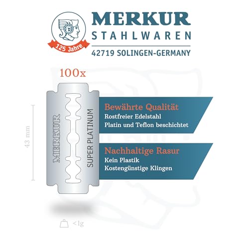 MERKUR SUPER Double Edge Safety Razor Blades, 10 Count (Pack of 3), Precision Stainless Steel Blades with Platinum and Teflon Coating