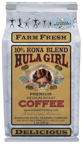 Hula Girl 10% Kona Ground Coffee, Grown in Hawaii, Hand Picked, Sun Dried, Fresh Roasted and Packed in Hawaii for 30 years, 7 Ounce