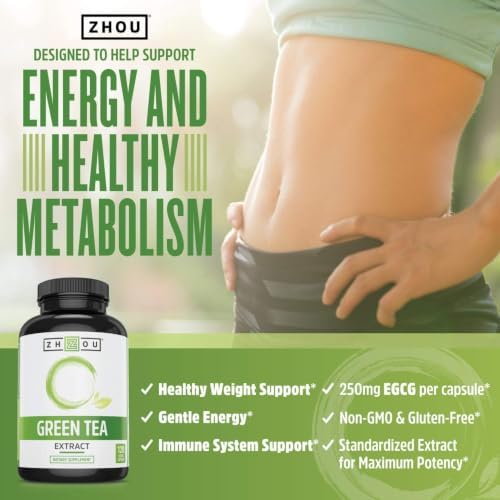 Zhou Nutrition Green Tea Extract Supplement - 120 Vegan Friendly Capsules | Green Tea & ECGC for Women & Men, Clean Caffeine Energy