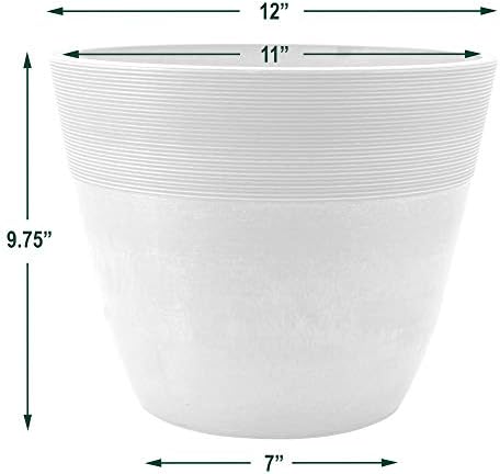 PSW Pot Collection 12-inch Plastic/Stone/Wood Composite Large Ribbed Planter – No Drainage Hole (Drillable), Indoor/Outer Garden Pot for Foliage