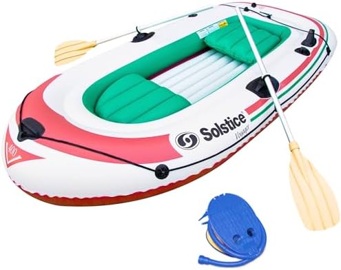 Solstice Voyager 4-Person Inflatable Fishing Boat with Dual Swivel Oar Locks and Rod -Holder, Motor Compatible 9' x 5'