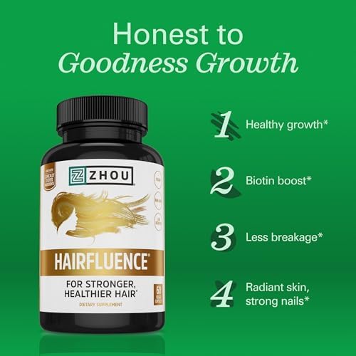 Zhou Hairfluence Supplement - 60 Veggie Capsules (Pack of 1) | Vegan Biotin Supplement for Hair Growth for Men & Women, Supports Stronger & Healthier Hair & Nails